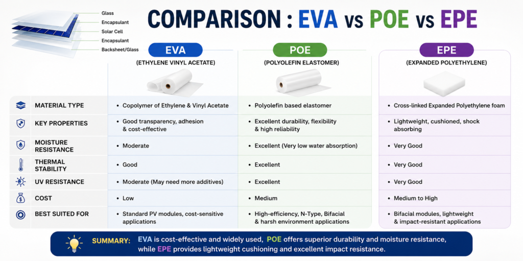 What is POE Encapsulant in Solar Panel? 1 EVA vs POE vs EPE